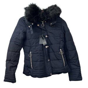 Women’s Black Winter Puffer Coat with Removable Fur Collar & Plush‎ Fur Lining